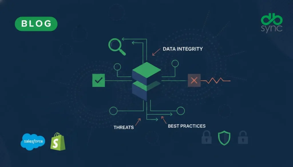 Data integrity graphic featuring threat, security, and best practice icons with Salesforce and Shopify logos.